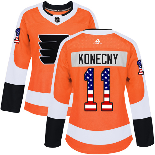 Adidas Flyers #11 Travis Konecny Orange Home Authentic USA Flag Women's Stitched NHL Jersey - Click Image to Close